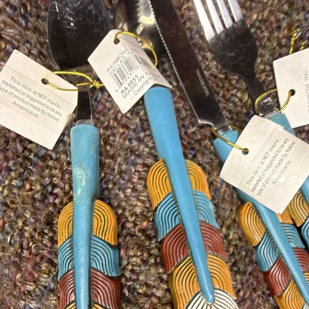 New with Tags Southwest Turquoise Feather Flatware Set - 4 Piece,Stainless Steel